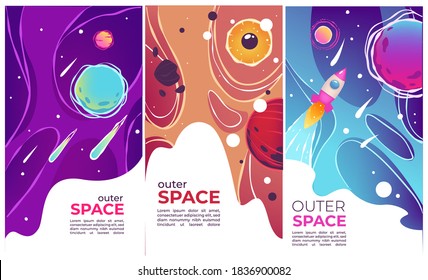 Flying launched rockets, comets and planets, stars and celestial bodies. Outer space exploration and discoveries, banner with copy space. Shuttle with astronauts in cosmos. Vector in flat style