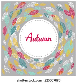 Flying leaves around the circle , card vector illustration with gray background