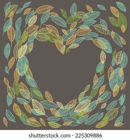 Flying leaves around the heart , card vector illustration with dark gray background