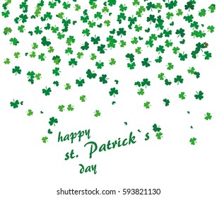 Flying leaves of clover different shades of green on a white background. Pattern for St. Patrick's Day. Rectangular, horizontal  card. Vector illustration with copy space