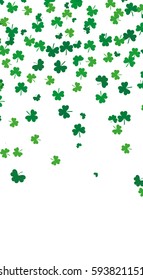 Flying leaves of clover different shades of green on a white background. Pattern for St. Patrick's Day. Rectangular, narrow, vertical banner. Vector illustration with copy space