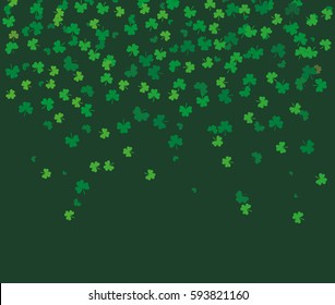 Flying leaves of clover different shades of green on dark background. Pattern for St. Patrick's Day. Rectangular, horizontal backdrop. Vector illustration with copy space