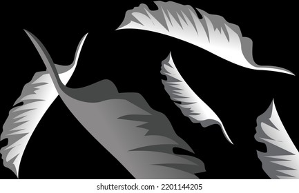 Flying leaves, gray and white leaves on black background, leaf illustration, leaf vector