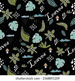 Flying Leaves on black. Collection of Leaves. Hand Drawn Scandinavian Style. Vector Illustration