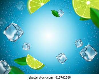 flying lemons, ice cubes and water drop elements, light blue glass background, 3d illustration 