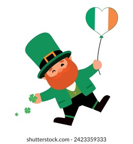 Flying leprechaun with heart shaped balloon in colors of Irish f