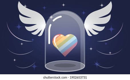 Flying LGBT heart in the glass at night. Vector illustration. 