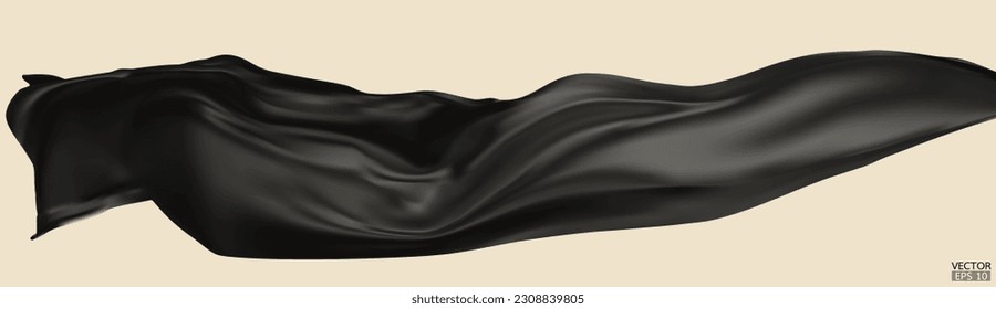 Flying light black silk textile fabric flag background. Smooth elegant dark Satin Isolated on beige Background for grand opening ceremony. Black curtain. 3d vector illustration