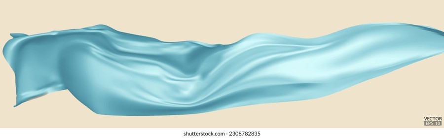 Flying light blue silk textile fabric flag background. Smooth elegant blue Satin Isolated on beige Background for grand opening ceremony. Blue curtain. 3d vector illustration