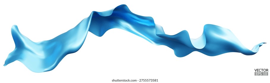 Flying light blue silk textile fabric flag background. Smooth elegant blue Satin Isolated on white Background for grand opening ceremony. Blue curtain. 3d vector illustration