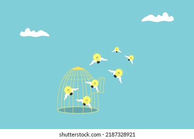 flying light bulb idea escape from cage. creativity idea, imagination and business problem solution concept.