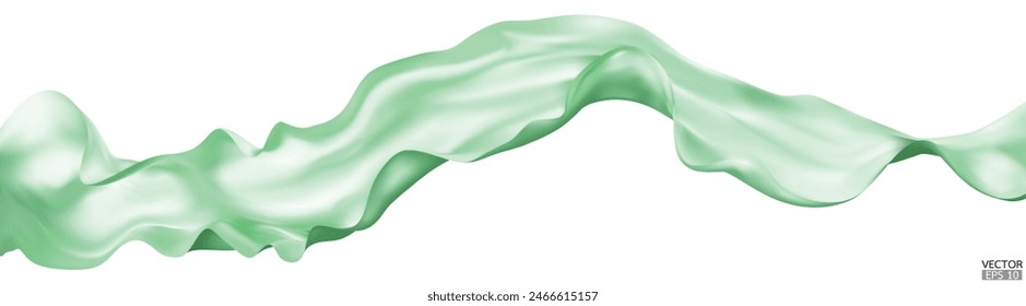 Flying light green silk textile fabric flag background. Smooth elegant green Satin Isolated on white Background for grand opening ceremony. Green curtain. 3d vector illustration