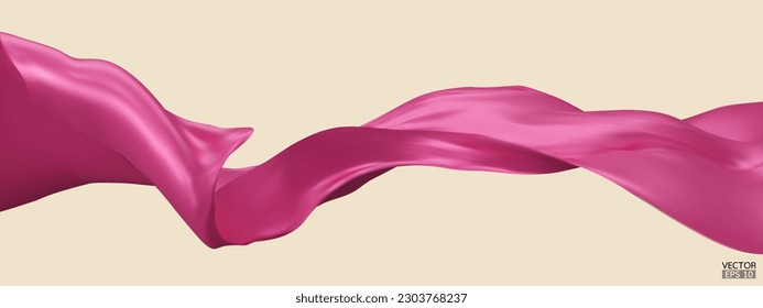 Fondo de la bandera textil de seda rosa clara volante. Satén rosa suave y elegante aislado en el fondo beige para la gran ceremonia de inauguración. Cortina rosa. Ilustración vectorial 3d.