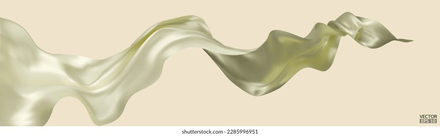 Fliegend hellgelbe Seide, Stofffahne, Hintergrund. Raffinierte, elegante Satin einzeln auf beigem Hintergrund für große Eröffnungszeremonie. Creme-Vorhang. 3D-Vektorgrafik.