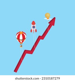 Flying lightbulb Rocket and Balloon pull graph up isometric 3d vector illustration concept for banner, website, illustration, landing page, flyer, etc.