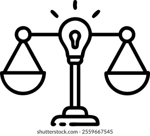 Flying lightbulb and scales symbolizing ethical decision making concept as A vector image featuring a lightbulb and balancing scales floating against a white background representing innovative ideas a