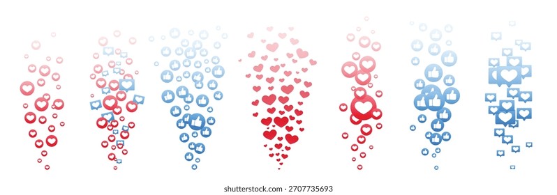 Flying like heart and thumb up flow for live reaction in social media stream, love icon bubble design. Round buttons for video comment and post. UI mock up, transparent button vector template.