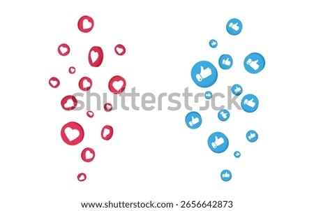 Flying like icon set. 3D heart sticker in red, blue flying on white background. Live stream banner. Perfect for social media, love. Falling marketing button. Vector Illustration.
