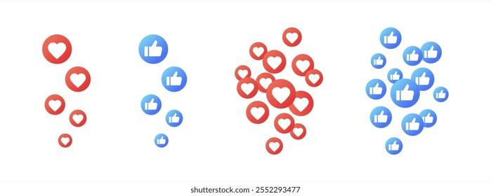 Volando como un conjunto de iconos en las redes sociales. Pulgar hacia arriba 3d reaccion emoji red comentario logo de Vector amor marketing como icono, Vector 10 eps.