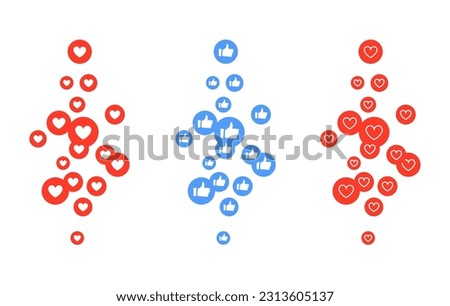 Flying like icon set social media. Thumb up 3d reaction emoji network comment vector logo love marketing like icon