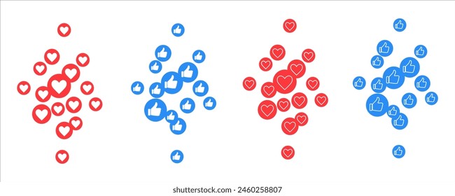 Volando como conjunto de iconos. Pulgar arriba. Concepto de medios sociales.