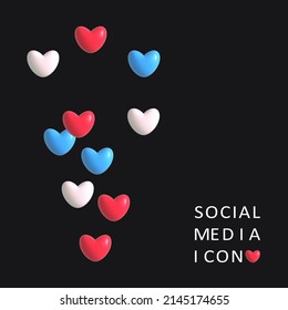 Flying likes for live streaming on black background. Set red, blue and white hearts isolated . Social media icon template vector illustration.