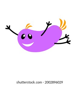 Flying lilac cheerful bird with an orange tail on a white background. Funny character. Vector color illustration. Icon.