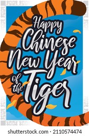 Flying lily petals and tiger tail over beautiful sky view and frame pattern, commemorating Chinese New Year of the Tiger.