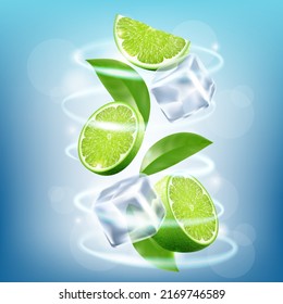 Flying lime slices with ice cubes and leaves isolated on blue background, concept of summer refreshments. Realistic 3d vector illustration.