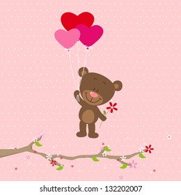 Flying little bear with heart balloons