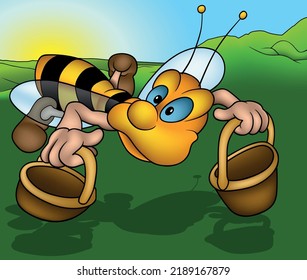 Flying Little Bee Carrying Two Small Baskets - Colored Cartoon Illustration with Background, Vector