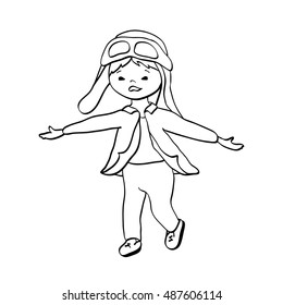 Flying little boy. Outline vector illustration.