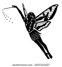 Flying Little Fairy Silhouette. Vector silhouette isolated on white.