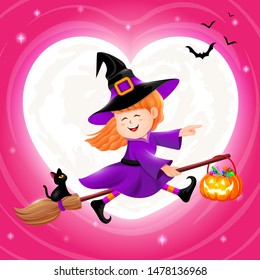 Flying little witch with moon in heart shape. Girl in Halloween costume. Halloween cartoon character design. Illustration on pink background.