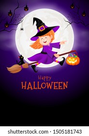 Flying little witch in moon nigh. Girl in Halloween costume. Halloween cartoon character design. Happy halloween concept. Illustration for banner, poster, greeting card, digital design.