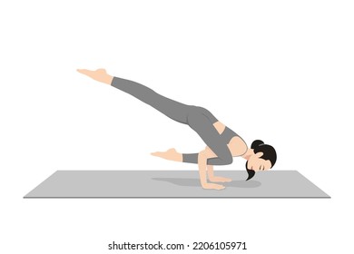 Fliegend Lizard Pose. Schönes Mädchen übt Flying Lizard Pose. Junge attraktive Frau, die Yoga trainiert. Trainingsbekleidung, graue Hosen und Top, Innenlänge, Ruhe