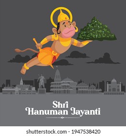 Flying lord Hanuman with mountain of sanjivani booti shri hanuman Jayanti. Vector graphic illustration.