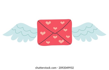Flying love envelope with wings. Love messages for Valentine's Day. Vector illustration.