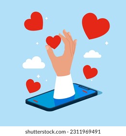 Flying love hearts on a smartphone. Share feeling with others, support, kindness and compassion. Love in phone. Valentines day concept. Flat vector illustration