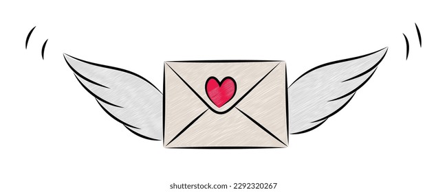 Flying love letter with wings and heart in doodle style isolated on white background. Painted vector design element