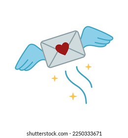 Flying love message with wings. Love letter icon. Love is in the air concept. Valentines day icon in doodle style. Hand drawn illustration. Letter envelope with wings