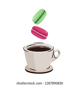 Flying macarons and black coffee. Vector illustration.