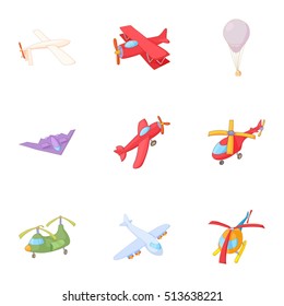 Flying machine icons set. Cartoon illustration of 9 flying machine vector icons for web