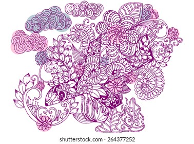 Flying machine. The plane with doodle flowers 