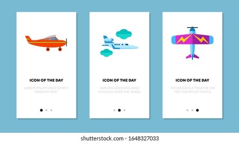 Flying machines flat icon set. Air, height, sky isolated vector sign pack. Aircraft and transportation concept. Vector illustration symbol elements for web design and apps