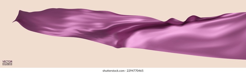 Flying magenta silk textile fabric flag background. Smooth elegant purple Satin Isolated on beige Background for grand opening ceremony. Magenta curtain. 3d vector illustration