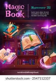 Flying magic books. Wizards school library with floating glowing magical books, reading poster or fantasy game web banner fairy tale storybook read, swanky vector illustration original artwork