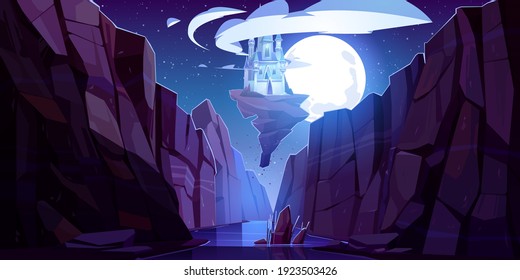 Flying magic castle at night bottom up view, fairy palace float in dark sky on piece of rock above mountain gorge. Fantasy fortress at full moon midnight scenery landscape Cartoon vector illustration