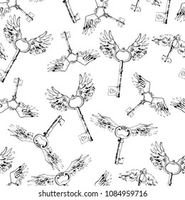 Flying magic keys, vector seamless pattern. Bird's beautiful wings. Sketchy style. 