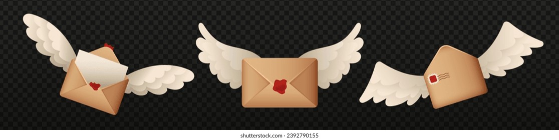 Flying magic letter 3d vector. Magic envelope with wings. Sorcery newsletter